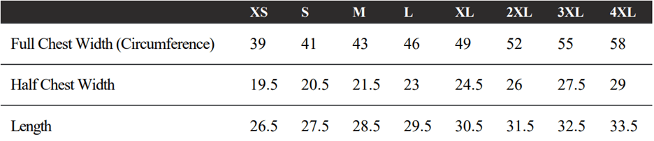 A4 men's shirt sizing chart